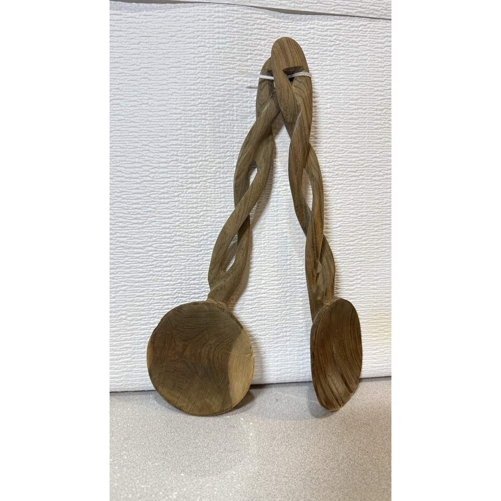 Vintage Teak Wood Salad Serving Fork Spoon Carved Twisted Handles Utensils‎ Used